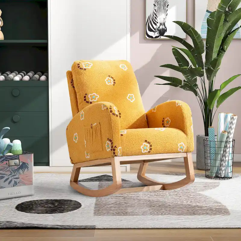 Fauteuil à bascule haut de dossier en tissu bouclé avec poches latérales
