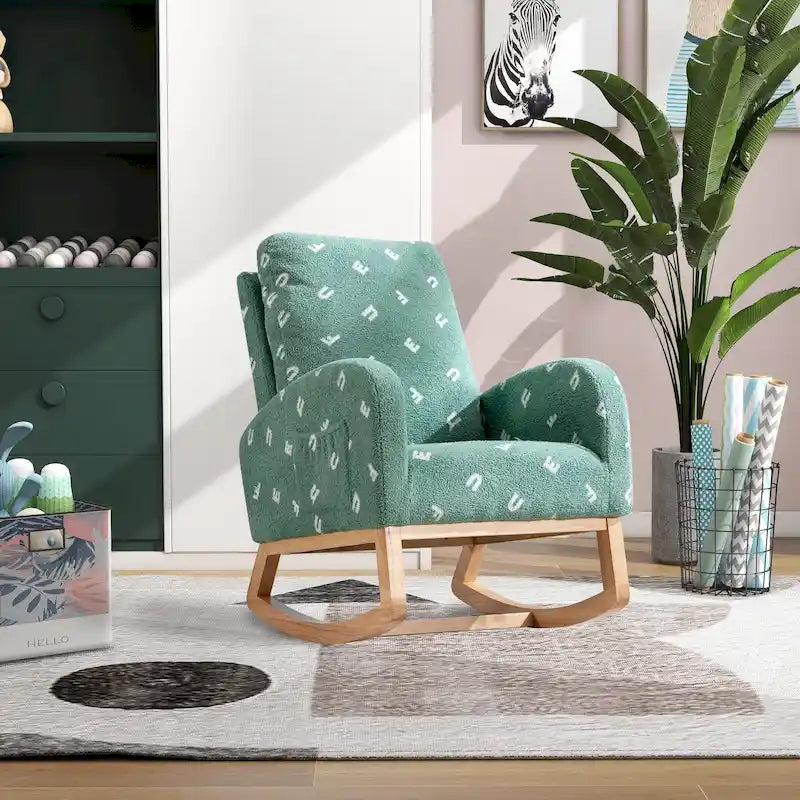 Fauteuil à bascule haut de dossier en tissu bouclé avec poches latérales