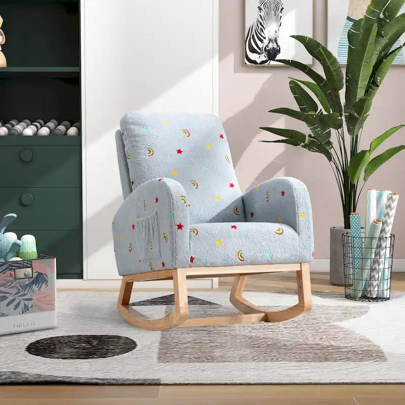 Fauteuil à bascule haut de dossier en tissu bouclé avec poches latérales