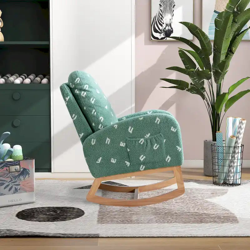 Fauteuil à bascule haut de dossier en tissu bouclé avec poches latérales