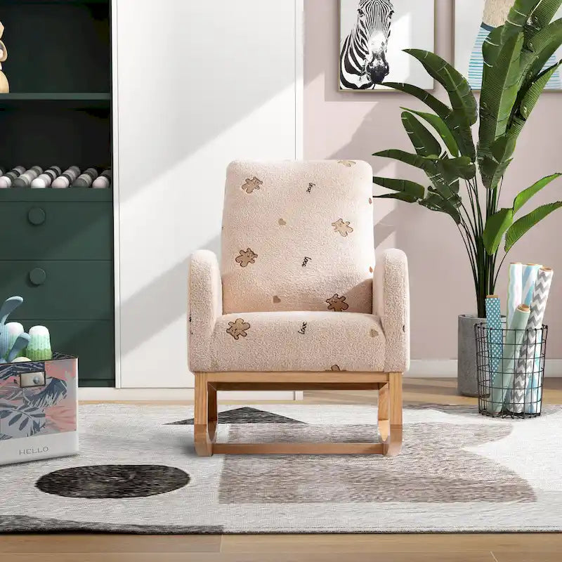 Fauteuil à bascule haut de dossier en tissu bouclé avec poches latérales