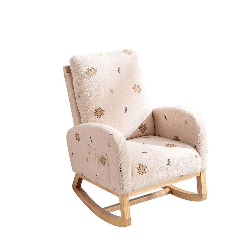 Fauteuil à bascule haut de dossier en tissu bouclé avec poches latérales