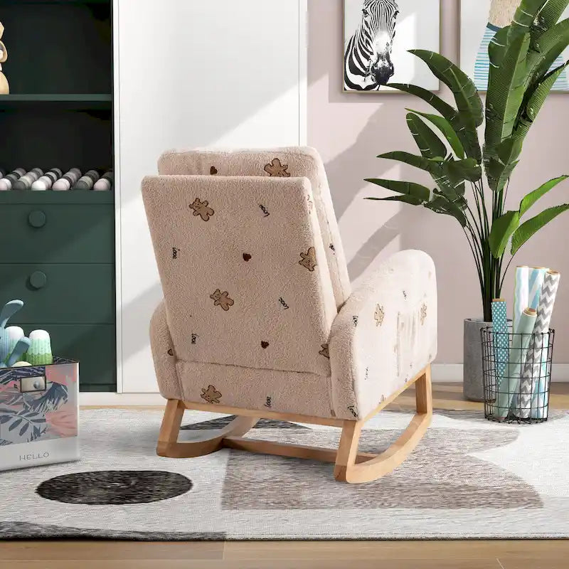 Fauteuil à bascule haut de dossier en tissu bouclé avec poches latérales