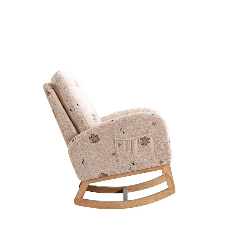 Fauteuil à bascule haut de dossier en tissu bouclé avec poches latérales