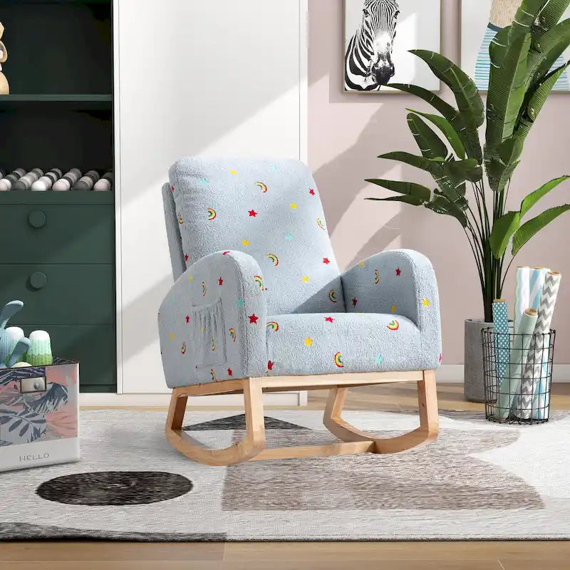 Fauteuil à bascule haut de dossier en tissu bouclé avec poches latérales