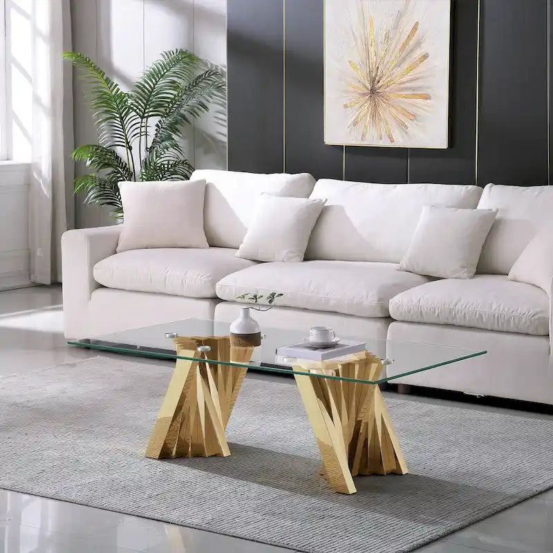Table basse avec plateau en verre trempé et base en acier inoxydable finition miroir
