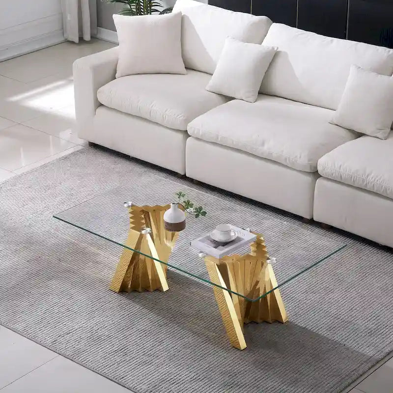 Table basse avec plateau en verre trempé et base en acier inoxydable finition miroir