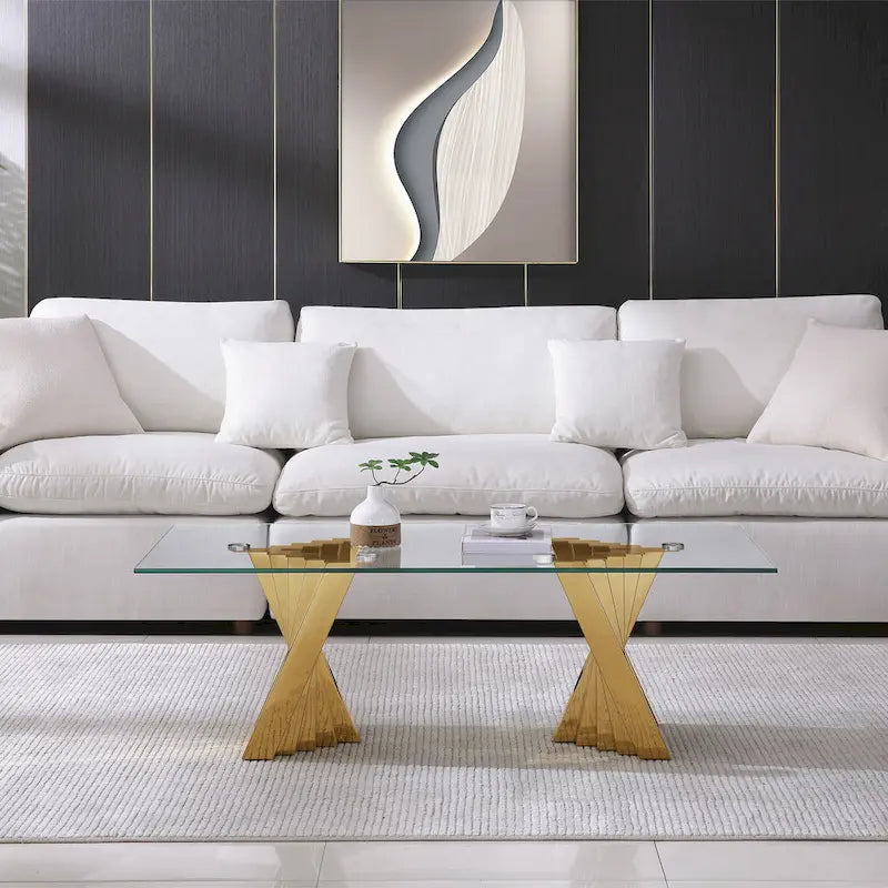 Table basse avec plateau en verre trempé et base en acier inoxydable finition miroir