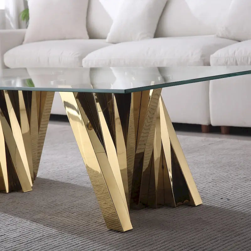 Table basse avec plateau en verre trempé et base en acier inoxydable finition miroir