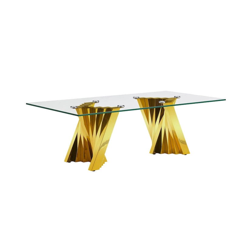 Table basse avec plateau en verre trempé et base en acier inoxydable finition miroir