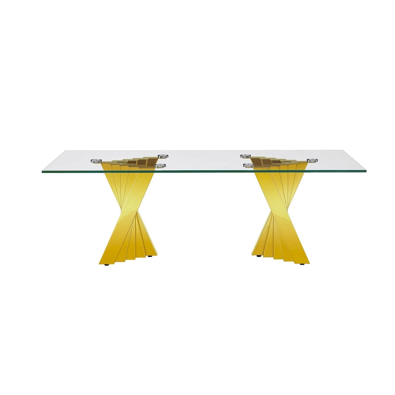 Table basse avec plateau en verre trempé et base en acier inoxydable finition miroir