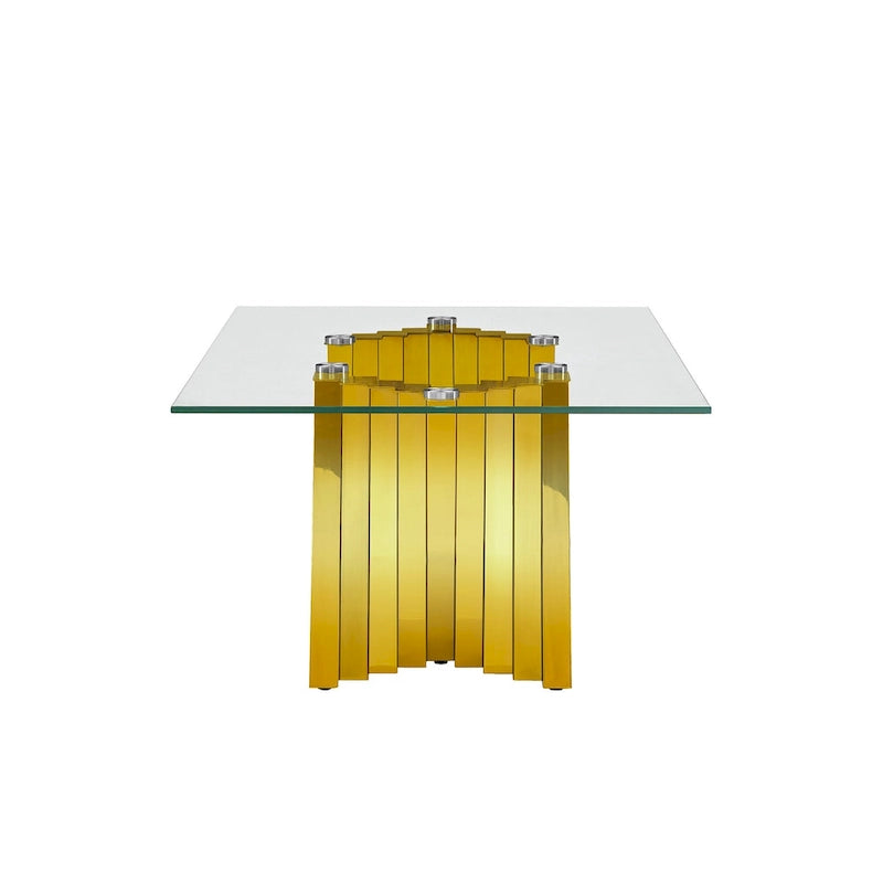 Table basse avec plateau en verre trempé et base en acier inoxydable finition miroir