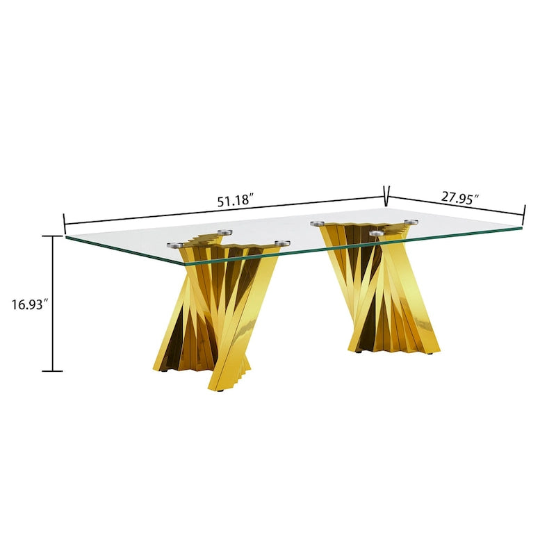 Table basse avec plateau en verre trempé et base en acier inoxydable finition miroir