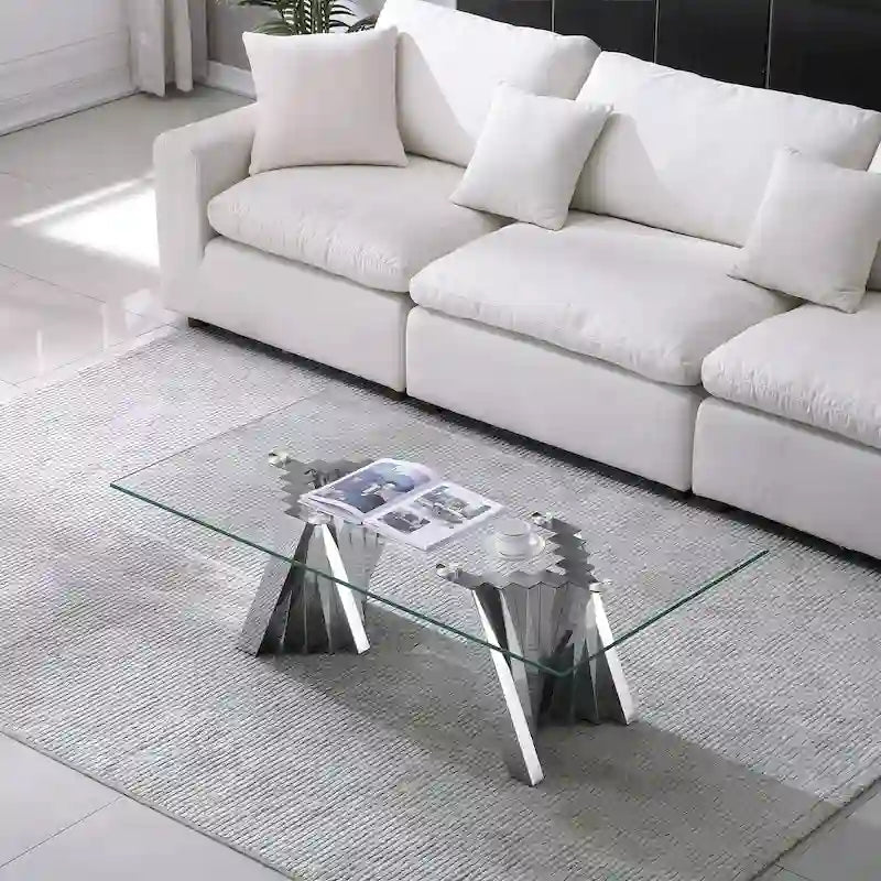 Table basse avec plateau en verre trempé et base en acier inoxydable finition miroir