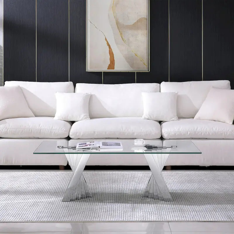 Table basse avec plateau en verre trempé et base en acier inoxydable finition miroir