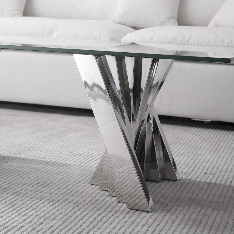 Table basse avec plateau en verre trempé et base en acier inoxydable finition miroir