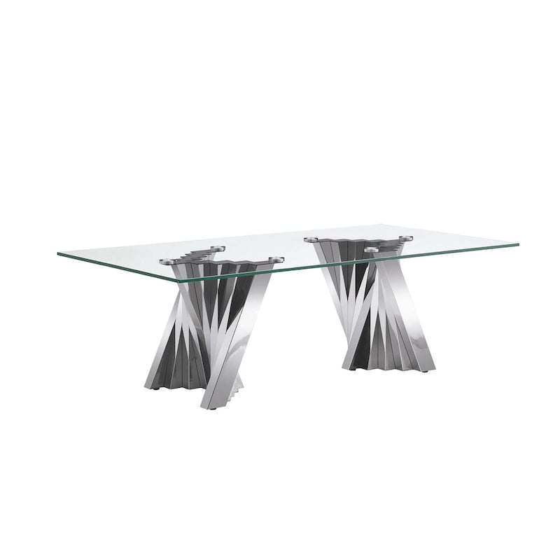 Table basse avec plateau en verre trempé et base en acier inoxydable finition miroir
