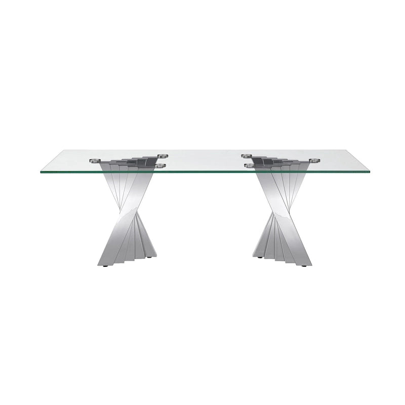 Table basse avec plateau en verre trempé et base en acier inoxydable finition miroir