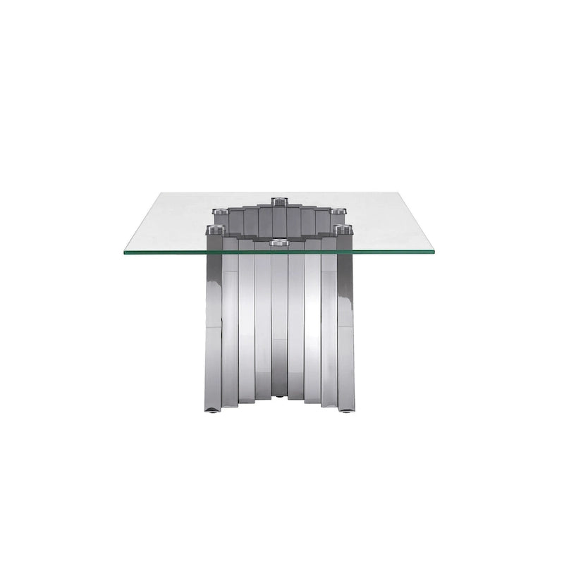Table basse avec plateau en verre trempé et base en acier inoxydable finition miroir