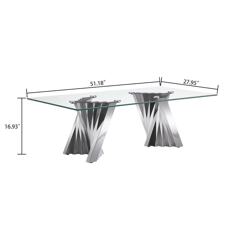 Table basse avec plateau en verre trempé et base en acier inoxydable finition miroir