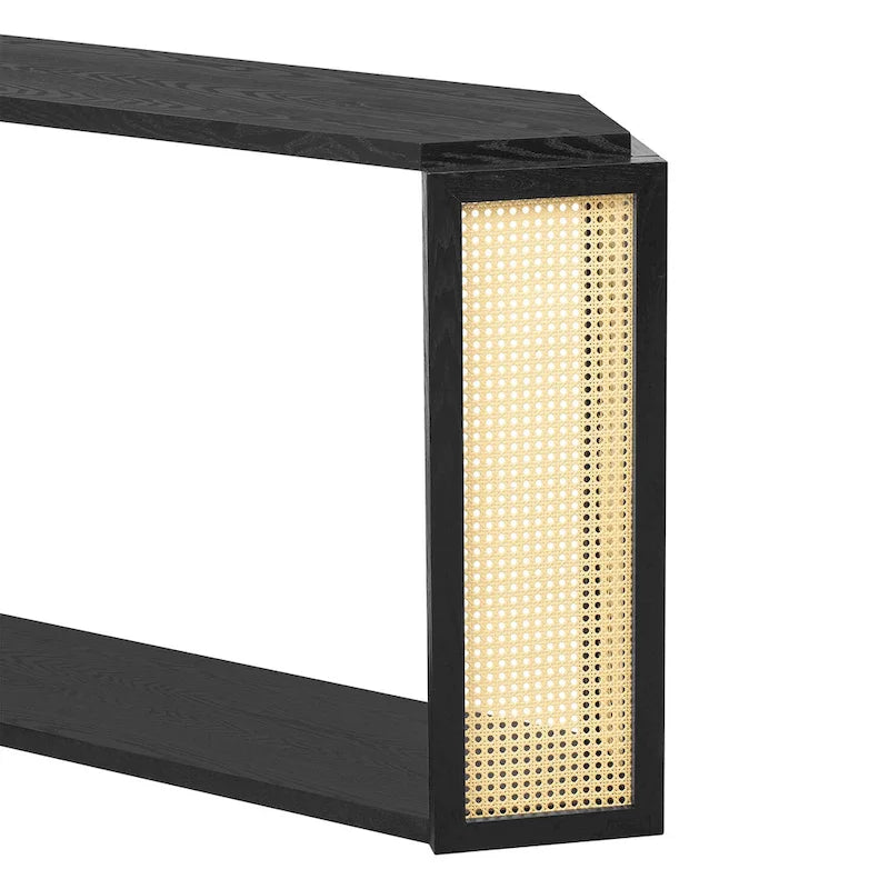 Console étroite en forme de flèche avec panneau en rotin tressé – Noir
