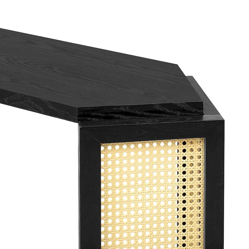Console étroite en forme de flèche avec panneau en rotin tressé – Noir