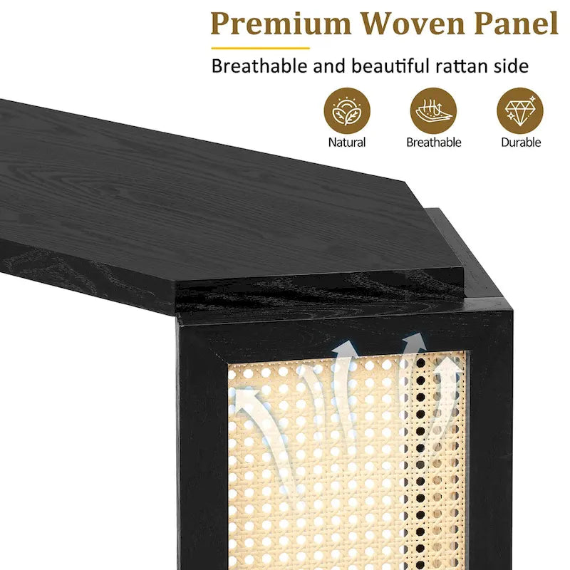 Console étroite en forme de flèche avec panneau en rotin tressé – Noir