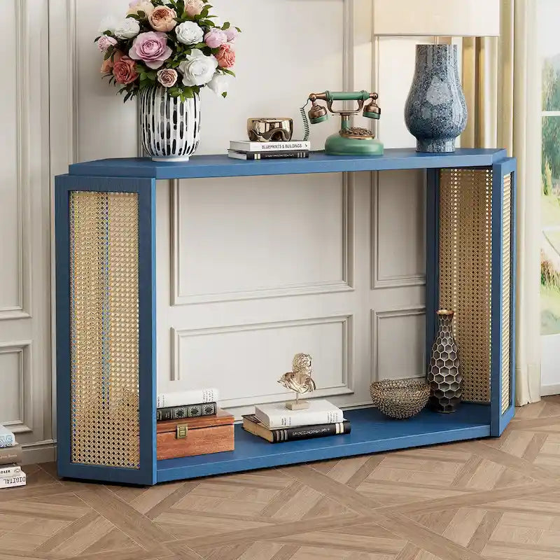 Console étroite en forme de flèche avec panneau en rotin tressé – Noir