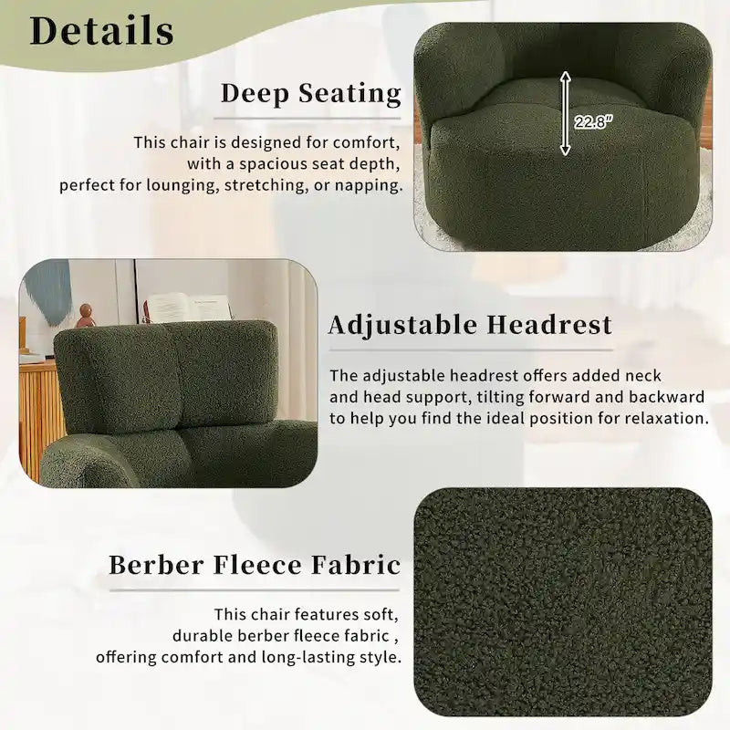 Fauteuil d'appoint barillet pivotant à 360° avec appuie-tête réglable et revêtement en polaire berbère