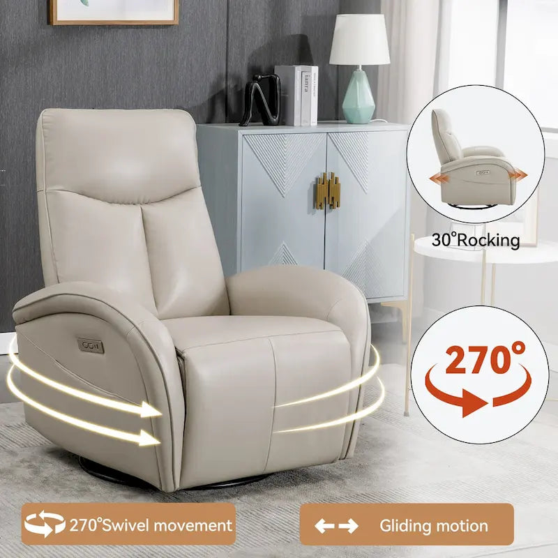 Fauteuil inclinable électrique en similicuir avec pivotement à 270°, fonction planeur/rocker et ports de chargement USB
