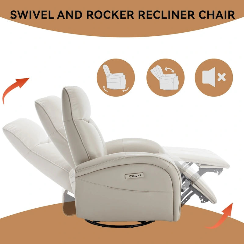 Fauteuil inclinable électrique en similicuir avec pivotement à 270°, fonction planeur/rocker et ports de chargement USB