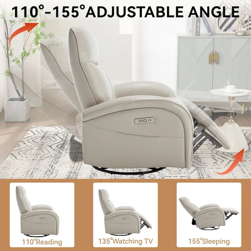 Fauteuil inclinable électrique en similicuir avec pivotement à 270°, fonction planeur/rocker et ports de chargement USB