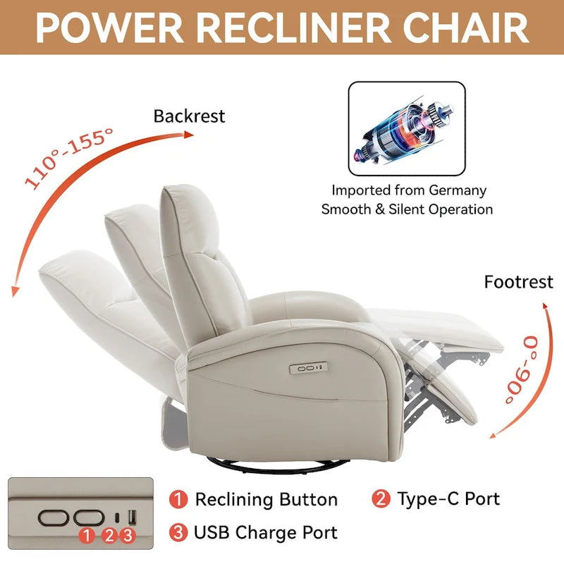 Fauteuil inclinable électrique en similicuir avec pivotement à 270°, fonction planeur/rocker et ports de chargement USB