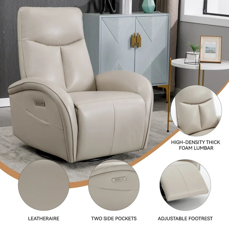 Fauteuil inclinable électrique en similicuir avec pivotement à 270°, fonction planeur/rocker et ports de chargement USB