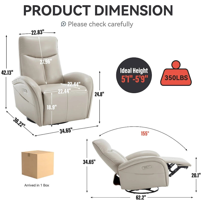 Fauteuil inclinable électrique en similicuir avec pivotement à 270°, fonction planeur/rocker et ports de chargement USB