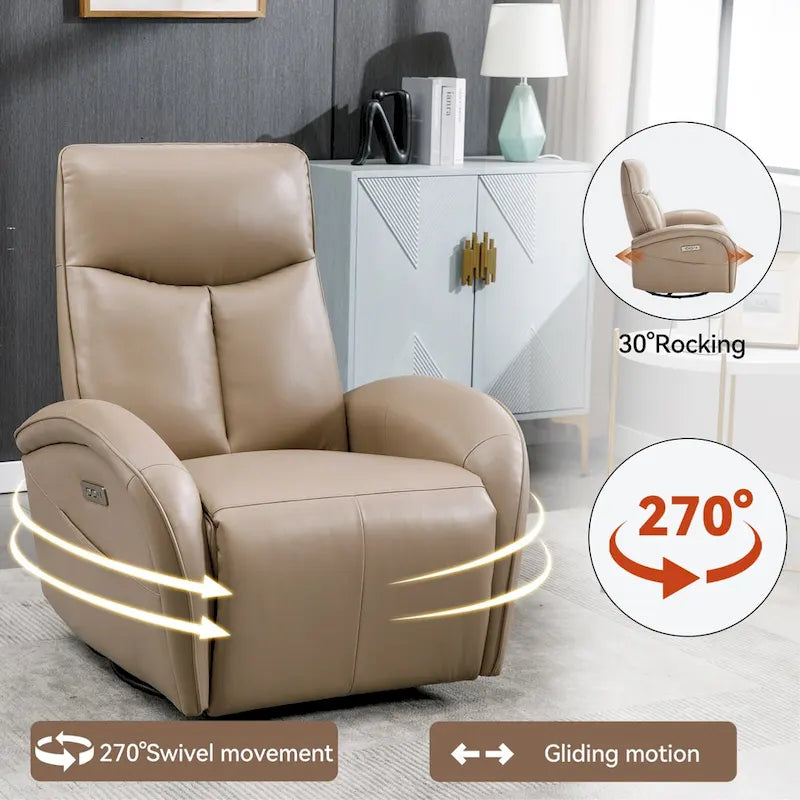 Fauteuil inclinable électrique en similicuir avec pivotement à 270°, fonction planeur/rocker et ports de chargement USB