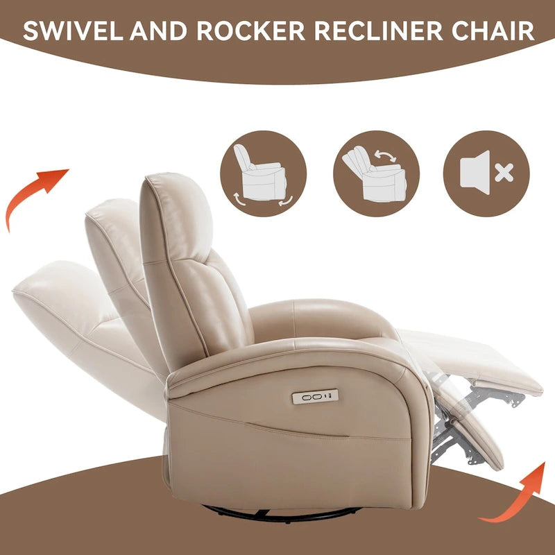 Fauteuil inclinable électrique en similicuir avec pivotement à 270°, fonction planeur/rocker et ports de chargement USB
