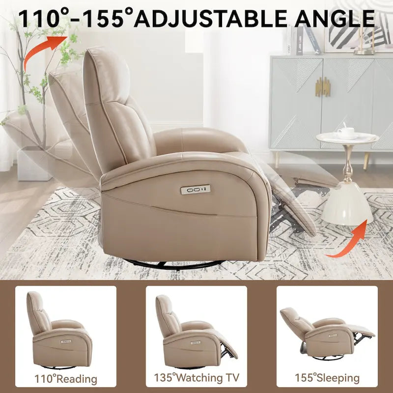 Fauteuil inclinable électrique en similicuir avec pivotement à 270°, fonction planeur/rocker et ports de chargement USB