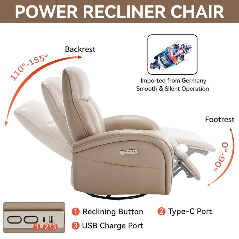 Fauteuil inclinable électrique en similicuir avec pivotement à 270°, fonction planeur/rocker et ports de chargement USB