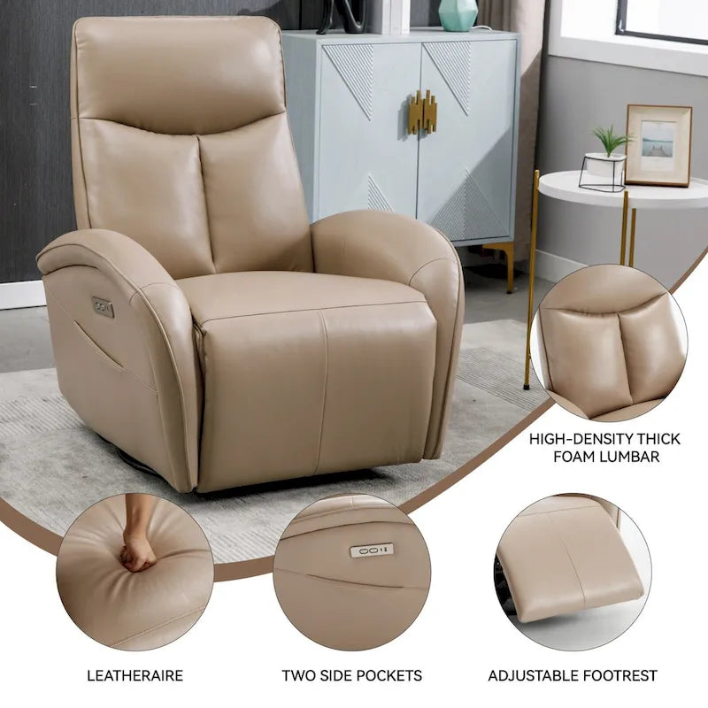 Fauteuil inclinable électrique en similicuir avec pivotement à 270°, fonction planeur/rocker et ports de chargement USB