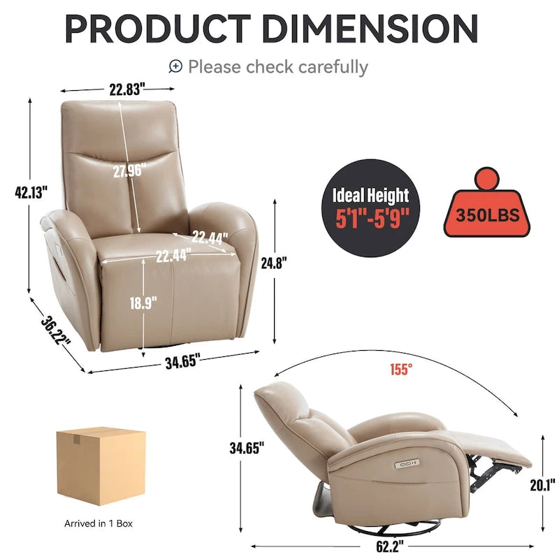 Fauteuil inclinable électrique en similicuir avec pivotement à 270°, fonction planeur/rocker et ports de chargement USB