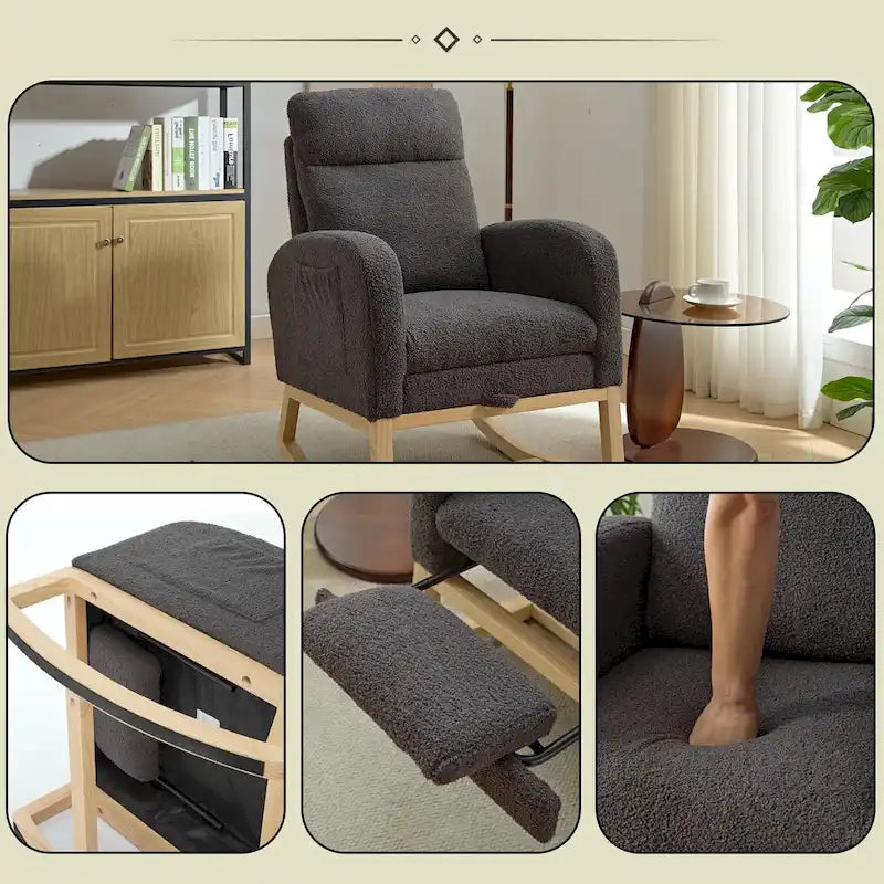 Fauteuil à bascule rembourré à dossier haut avec base en bois massif et pochette latérale