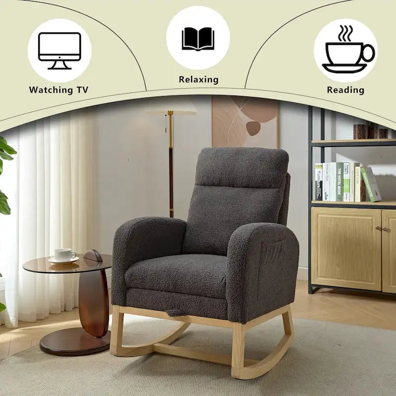Fauteuil à bascule rembourré à dossier haut avec base en bois massif et pochette latérale