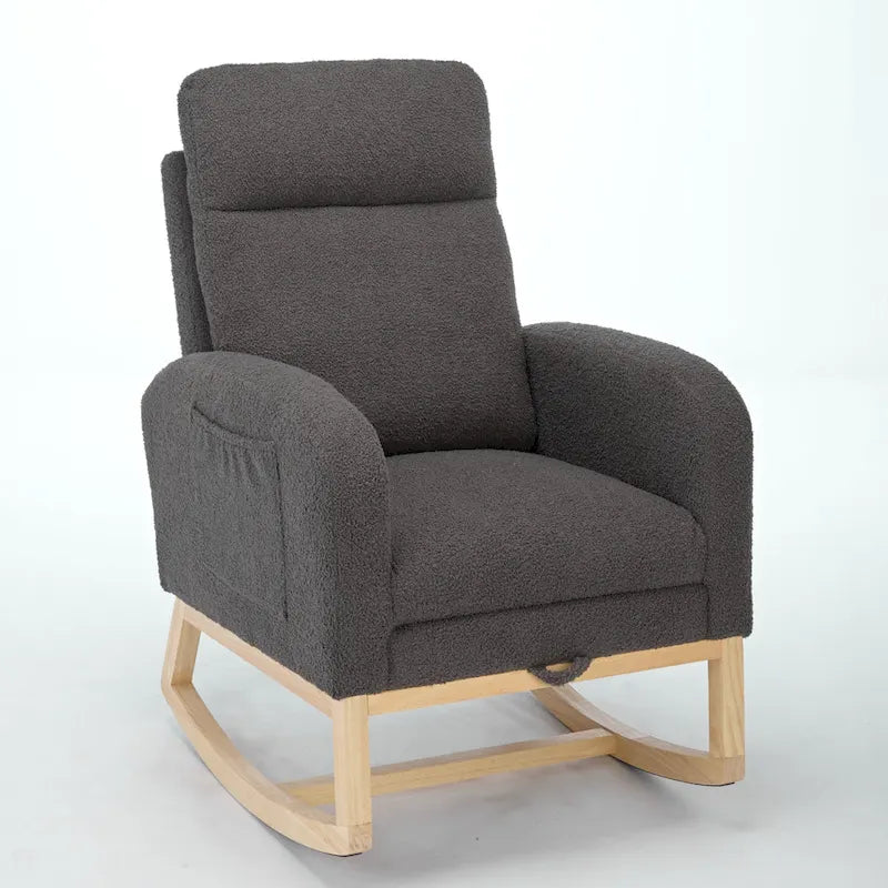 Fauteuil à bascule rembourré à dossier haut avec base en bois massif et pochette latérale