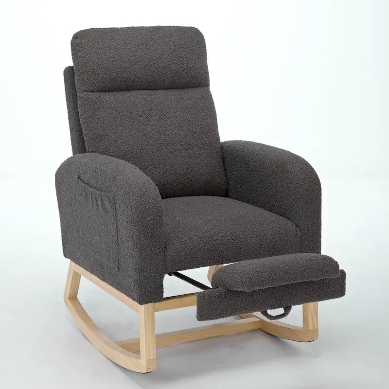 Fauteuil à bascule rembourré à dossier haut avec base en bois massif et pochette latérale