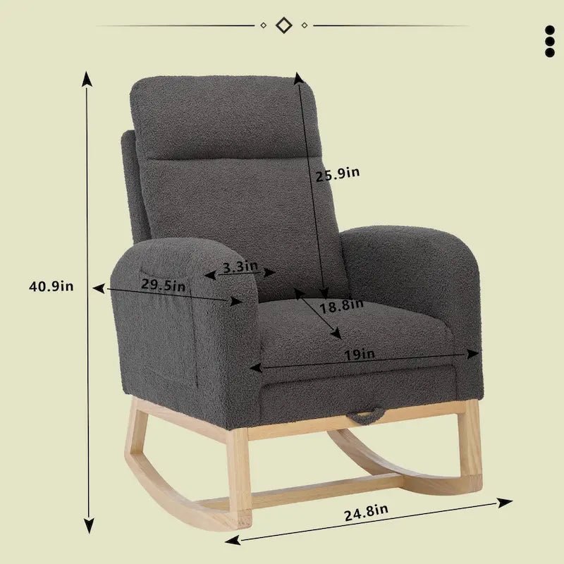 Fauteuil à bascule rembourré à dossier haut avec base en bois massif et pochette latérale