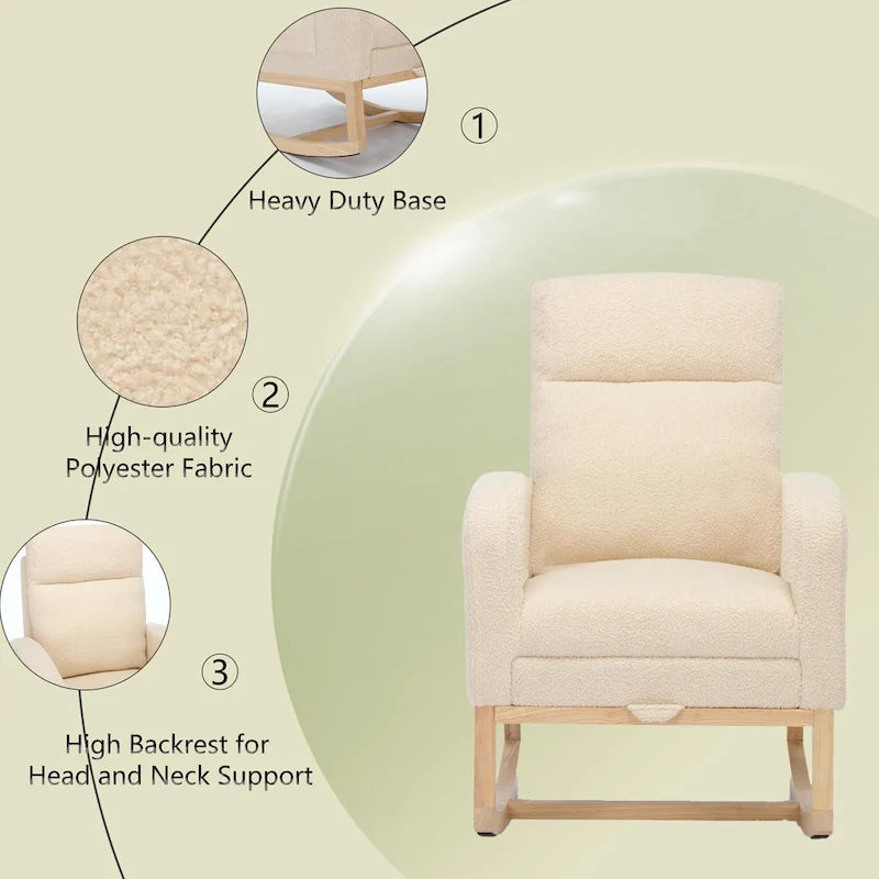 Fauteuil à bascule rembourré à dossier haut avec base en bois massif et pochette latérale