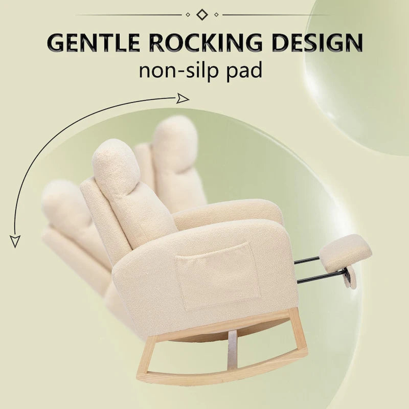 Fauteuil à bascule rembourré à dossier haut avec base en bois massif et pochette latérale