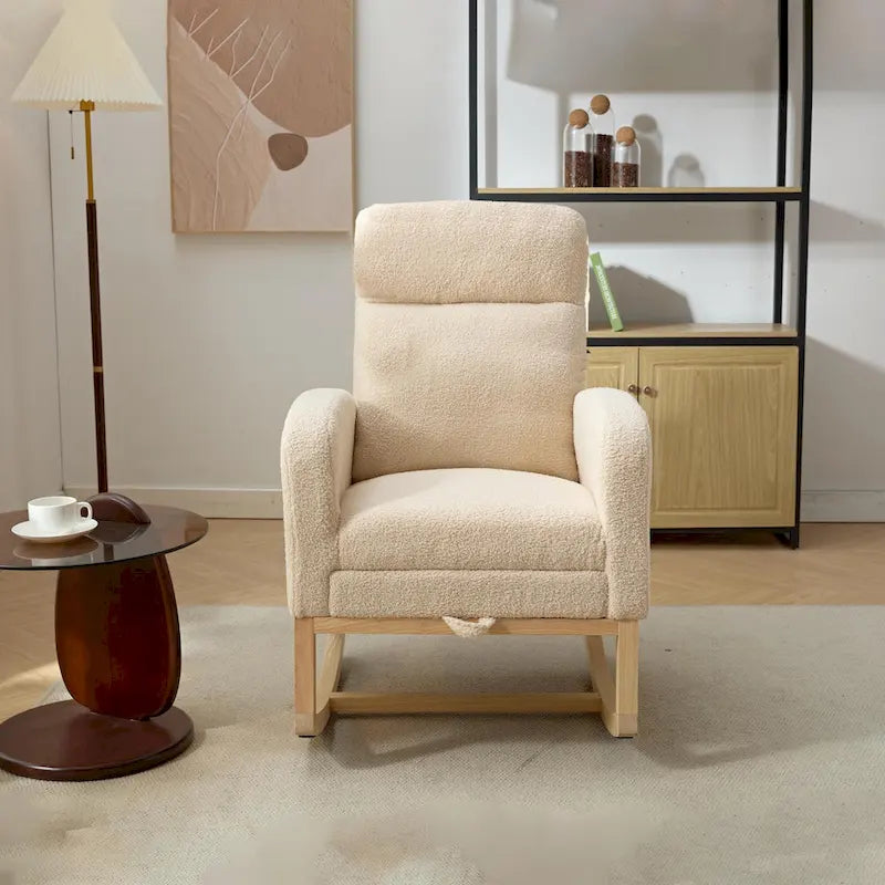 Fauteuil à bascule rembourré à dossier haut avec base en bois massif et pochette latérale
