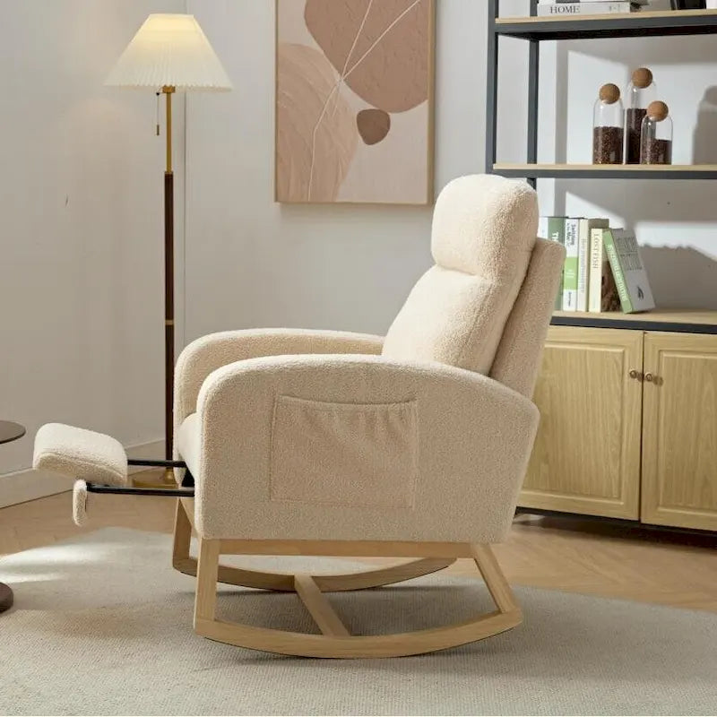 Fauteuil à bascule rembourré à dossier haut avec base en bois massif et pochette latérale